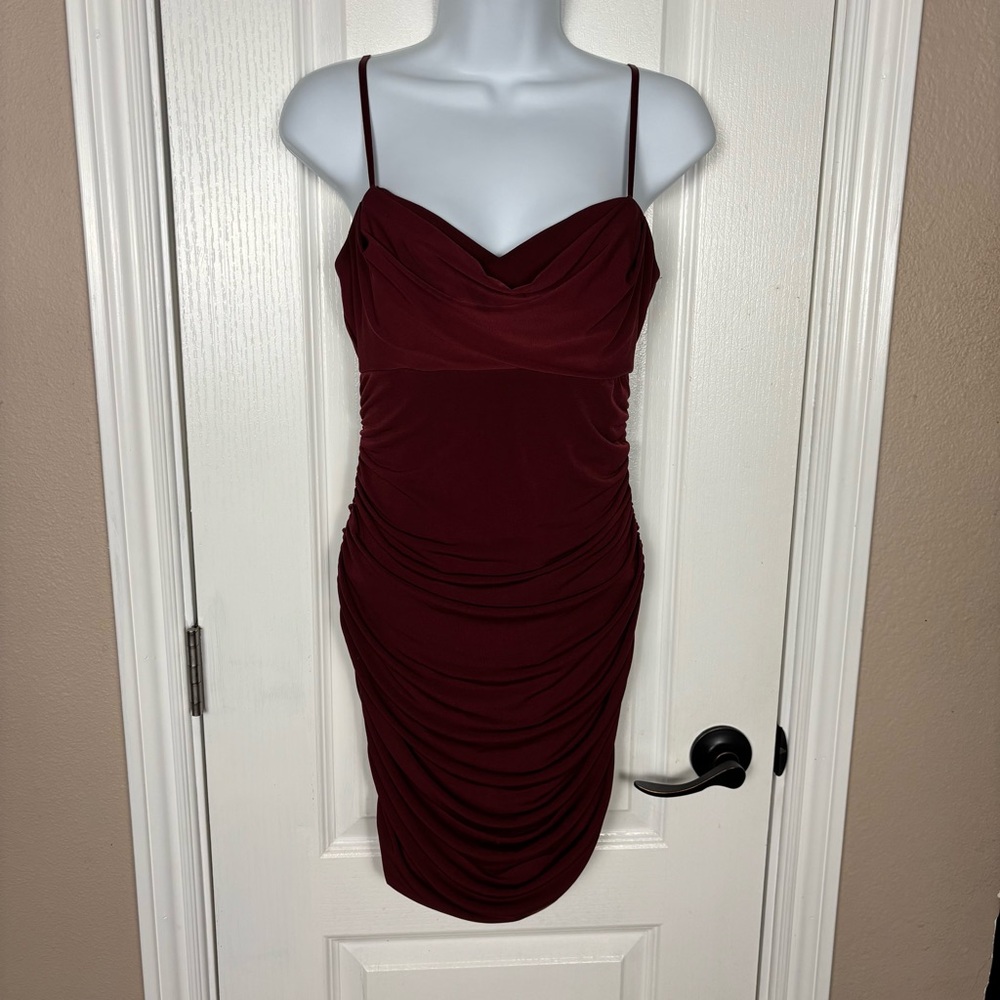 Emerald Sundae Junior's Burgundy Ruched Bodycon Stretch Mini Dress Size‎ S